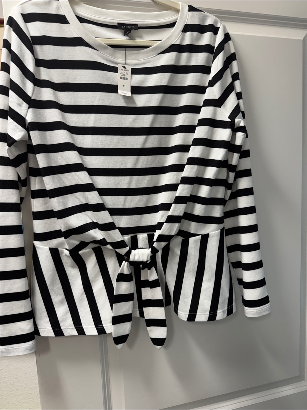 Talbots Black & White Striped Tie-Front Long Sleeve Tee